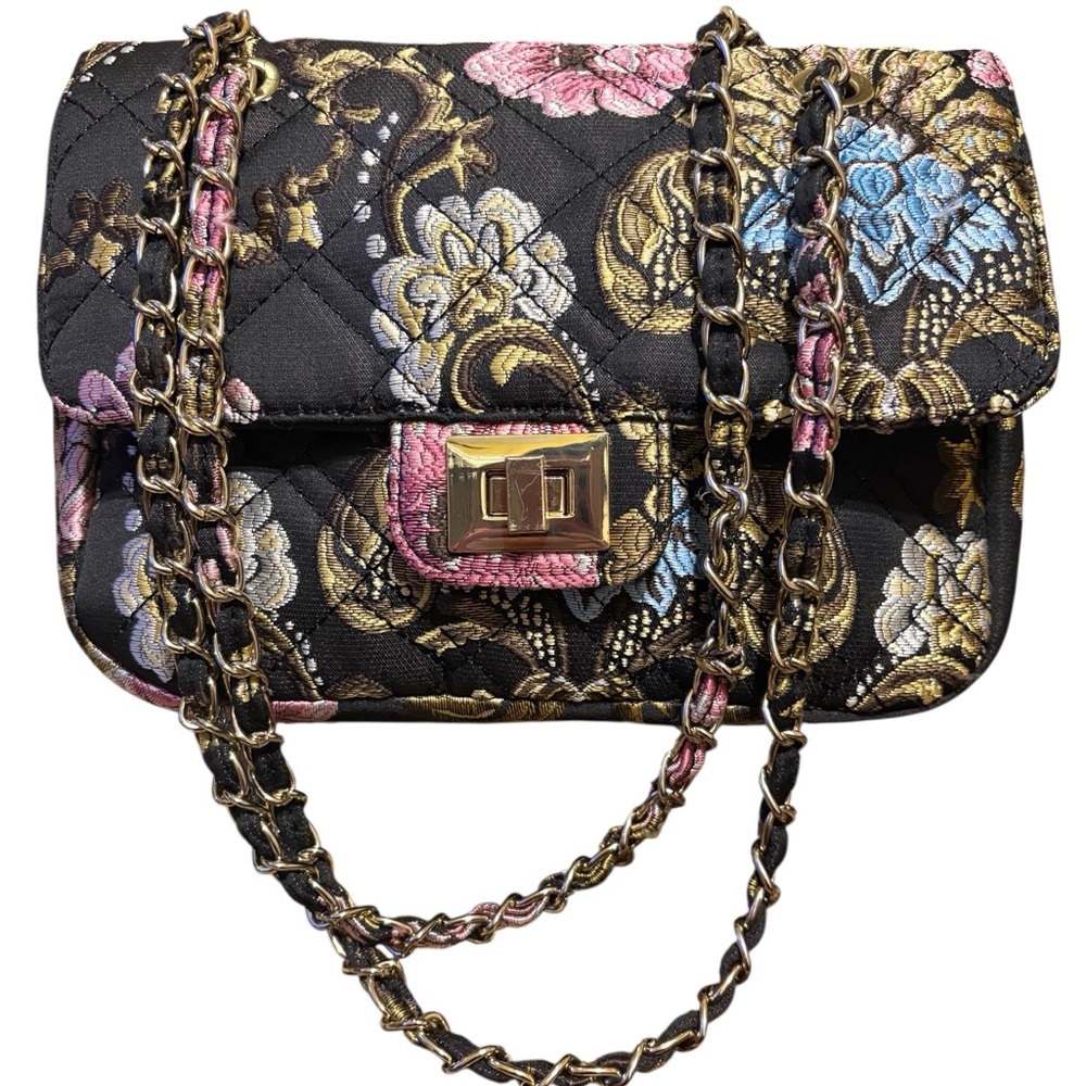 JustFab Quilted Floral Black, Pink, & Blue Shoulder Bag with Gold Chain Accents